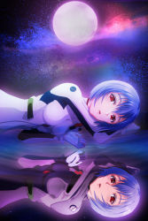 Rule 34 | 1girl, ayanami rei, blue hair, bodysuit, breasts, fe (12141978), full moon, interface headset, looking at viewer, lying, medium breasts, moon, moonlight, neon genesis evangelion, on stomach, open mouth, parted lips, plugsuit, rebuild of evangelion, red eyes, reflection, short hair, sky, solo, star (sky), star (symbol), starry sky, water