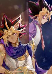 Rule 34 | 2boys, absurdres, atem, black hair, blonde hair, cape, closed mouth, dark-skinned male, dark skin, dyed bangs, earrings, egyptian clothes, gold, highres, jacket, jewelry, light smile, looking at another, male focus, millennium puzzle, multiple boys, muto yugi, purple eyes, purple hair, red eyes, resolution mismatch, shirt, source larger, tounori (nrmc 7), tunic, white shirt, yu-gi-oh!, yu-gi-oh! duel monsters