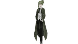 Rule 34 | 1boy, brooch, buttons, coat, green hair, hands in pockets, highres, jewelry, library of ruina, long coat, looking to the side, male focus, medium hair, netzach (project moon), official art, open clothes, open coat, ponytail, project moon, shirt, simple background, solo, yellow eyes