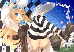 Rule 34 | 1girl, alice (alice in wonderland), alice in wonderland, blonde hair, blue eyes, chacha (tyatya), charm (object), long hair, monochrome, open mouth, solo, striped clothes, striped thighhighs, teapot, thighhighs, tray, very long hair
