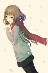 Rule 34 | 1girl, blunt bangs, brown eyes, brown hair, cherry blossoms, chitosezaka suzu, enpera, pantyhose, petals, sayoko (sayonara memories), sayonara memories (supercell), scarf, skirt, solo, supercell (band), sweater