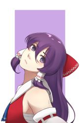 Rule 34 | 1boy, artist request, blue necktie, border, bow, closed mouth, commentary request, cookie (touhou), detached sleeves, hair between eyes, hair tubes, hakurei reimu, head tilt, highres, long hair, looking at viewer, male focus, mugi (cookie), necktie, nontraditional miko, purple background, purple eyes, purple hair, red bow, red shirt, ribbon-trimmed sleeves, ribbon trim, sarashi, shirt, sleeveless, sleeveless shirt, solo, touhou, trap, upper body, white border, white sleeves