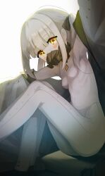 Rule 34 | 1girl, absurdres, ass, blue archive, blush, breasts, colored skin, ein (blue archive), full body, highres, looking at viewer, medium hair, simple background, small breasts, solo, symbol-shaped pupils, white background, white hair, white skin, x-shaped pupils, yellow eyes