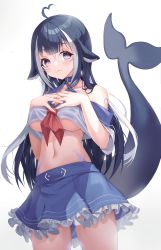 Rule 34 | :3, absurdres, ahoge, arm tattoo, bare shoulders, belt collar, bikini, bikini under clothes, blue collar, blue hair, body markings, breast suppress, breast tattoo, breasts, cetacean tail, chest tattoo, closed mouth, collar, cowboy shot, criss-cross halter, dark blue hair, facial tattoo, fins, fish tail, frilled skirt, frills, from below, gradient background, halterneck, hands on own chest, heart, heart ahoge, highres, indie virtual youtuber, kalash24, long hair, looking at viewer, medium breasts, midriff, miniskirt, multicolored hair, navel, neckerchief, orca girl, purple eyes, school uniform, see-through, see-through shirt, serafuku, shirt slip, shylily, shylily (1st costume), sideways glance, simple background, skirt, smile, streaked hair, swimsuit, tail, tareme, tattoo, underboob, virtual youtuber, whale girl