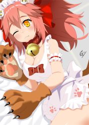 Rule 34 | 10s, ;3, animal ears, animal hands, apron, arm garter, bell, blush, breasts, cat hair ornament, cat paws, collar, fang, fang out, fate/extra, fate/grand order, fate (series), fox ears, fox tail, gloves, hair between eyes, hair flaps, hair ornament, heart, heart-shaped pupils, iseshi, jingle bell, large breasts, lying, maid headdress, naked apron, neck bell, on side, one eye closed, paw gloves, pink hair, red collar, solo, symbol-shaped pupils, tail, tamamo (fate), tamamo cat (fate), tamamo cat (third ascension) (fate), tamamo no mae (fate/extra)