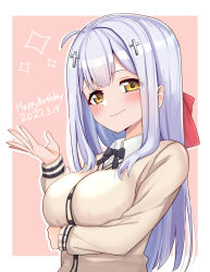Rule 34 | 1girl, absurdres, ao (flowerclasse), blush, breasts, commentary, cross hair ornament, dated, gabriel dropout, hair ornament, happy birthday, highres, large breasts, long hair, raphiel shiraha ainsworth, school uniform, silver hair, simple background, smile, solo, upper body, yellow eyes