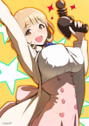 Rule 34 | 1girl, :d, artist name, blonde hair, blush, bob cut, breasts, brown eyes, cardigan, covered erect nipples, cowboy shot, finger on trigger, gun, high-waist skirt, holding, holding gun, holding weapon, large breasts, looking at viewer, nanahime, narusawa ryouka, occultic;nine, open cardigan, open clothes, open mouth, pink skirt, short hair, signature, skirt, smile, solo, star (symbol), starry background, tareme, underbust, weapon