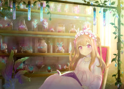 Rule 34 | 1girl, bad id, bad pixiv id, bandages, blonde hair, book, chair, highres, indoors, lens flare, long hair, long sleeves, maid headdress, mugu1, open book, original, pajamas, pink eyes, pink pajamas, plant, potted plant, shelf, sitting, sparkle, two side up, vial, vines
