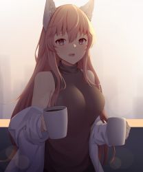 Rule 34 | 1girl, absurdres, act (xadachit), animal ear fluff, animal ears, breasts, brown eyes, brown sweater vest, coffee cup, cup, disposable cup, girls&#039; frontline, girls&#039; frontline neural cloud, highres, holding, holding cup, large breasts, long hair, looking at viewer, open mouth, persica (girls&#039; frontline), persicaria (neural cloud), pink hair, robe, simple background, smile, solo, sweater vest, upper body, white robe
