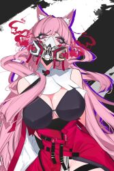 1girl ace_glitch animal_ear_fluff animal_ears arknights arms_behind_back black_bra bra breasts cleavage commentary english_commentary feet_out_of_frame gas_mask highres large_breasts leotard long_hair looking_at_viewer mask pink_hair pozyomka_(arknights) purple_eyes red_leotard ringed_eyes simple_background smoke solo standing underwear very_long_hair wolf_ears wolf_girl