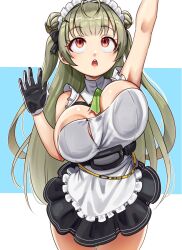 Rule 34 | 1girl, ajidot, apron, arm up, bare shoulders, black gloves, black skirt, breasts, commentary request, cowboy shot, double bun, gloves, goddess of victory: nikke, grey hair, hair bun, hand up, highres, large breasts, long hair, maid, maid headdress, open mouth, orange eyes, skirt, soda (nikke), solo, standing, two side up, unaligned breasts, very long hair, white apron