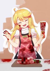 Rule 34 | 1girl, absurdres, apron, black skirt, black vest, blonde hair, blood, blood on clothes, blood on face, blood on hands, blush, braid, censored, closed eyes, commentary request, cookie (touhou), cowboy shot, cowlick, cutting board, daikon, frilled apron, frills, grater, highres, holding, inabahitomi, kirisame marisa, long hair, mosaic censoring, open mouth, pink apron, puffy short sleeves, puffy sleeves, radish, shirt, short sleeves, side braid, single braid, skirt, smile, solo, suzu (cookie), teeth, touhou, upper teeth only, vest, waist apron, white apron, white shirt