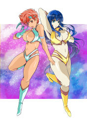 Rule 34 | 2girls, :o, absurdres, arm above head, arm at side, arm up, armpits, blue eyes, blue hair, boots, breasts, cleavage, covered erect nipples, crop top, dark-skinned female, dark skin, dirty pair, feet, female focus, full body, gloves, groin, hair between eyes, hand up, head tilt, headband, highres, index finger raised, kei (dirty pair), knee boots, large breasts, legs, long hair, looking at viewer, midriff, multiple girls, navel, open mouth, parted lips, rasu p, red eyes, red hair, short hair, short shorts, shorts, simple background, single glove, sleeveless, standing, standing on one leg, thighs, yellow footwear, yuri (dirty pair)