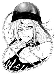 Rule 34 | + +, 1girl, black shirt, breasts, chain, cleavage, clothes writing, earrings, greyscale, hecatia lapislazuli, highres, jewelry, leather choker, looking at viewer, monochrome, off-shoulder shirt, off shoulder, piercing, shirt, smile, smoking pipe, t-shirt, tattoo, touhou, upper body, warugaki (sk-ii)