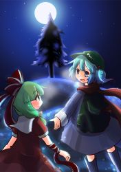 Rule 34 | 2girls, backpack, bag, blue eyes, blue hair, boots, bow, dress, from behind, front ponytail, full moon, green eyes, green hair, hair bobbles, hair bow, hair ornament, hair ribbon, hat, highres, kagiyama hina, kanno fumiroku, kawashiro nitori, long hair, long sleeves, looking back, moon, multiple girls, night, night sky, open mouth, pine tree, pocket, puffy short sleeves, puffy sleeves, reaching, reaching towards viewer, red dress, red scarf, ribbon, rubber boots, scarf, short hair, short sleeves, short twintails, skirt, skirt set, sky, smile, star (sky), starry sky, touhou, tree, twintails, two side up, wrist ribbon