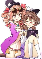 Rule 34 | 2girls, bangle, bow, bracelet, brown hair, coat, commentary request, dress, drill hair, earrings, closed eyes, eyewear on head, fang, glasses, gold, hair bow, hat, hat bow, hexagram, highres, jewelry, keyaki chimaki, kneeling, low twintails, multiple girls, necklace, open mouth, orange hair, pendant, red-framed eyewear, red bow, round eyewear, semi-rimless eyewear, shirt, simple background, sitting, socks, sunglasses, thighs, top hat, touhou, twin drills, twintails, under-rim eyewear, usami sumireko, white background, white bow, white dress, white legwear, yellow eyes, yorigami jo&#039;on