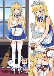 Rule 34 | 1girl, alternate costume, animalization, apron, blonde hair, blue dress, blush, breasts, broom, cat, cleavage cutout, closed eyes, clothing cutout, cup, double bun, dress, enmaided, fletcher (kancolle), frilled apron, frills, full body, garter straps, hair bun, hair ornament, highres, holding, johnston (kancolle), kantai collection, large breasts, long hair, maid, maid headdress, multiple views, one eye closed, osananajimi neko, purple eyes, samuel b. roberts (kancolle), sketch, star (symbol), star hair ornament, thighhighs, white apron, white background, white thighhighs, wrist cuffs