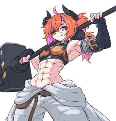 1girl abs ahoge armpits belt belt_buckle blonde_hair breasts buckle cowboy_shot elbow_gloves eyepatch fingerless_gloves gloves hammer highres holding holding_hammer horns koleda_belobog looking_at_viewer muscular muscular_female navel original pink_eyes sheepapp simple_background small_breasts smile solo white_background zenless_zone_zero