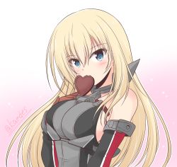 Rule 34 | 1girl, bismarck (kancolle), blonde hair, blue eyes, blush, breasts, candy, chocolate, chocolate heart, elbow gloves, food, gloves, gradient background, hand on own chest, heart, highres, kantai collection, large breasts, long hair, military, military uniform, mouth hold, no headwear, shizuna kaede, solo, twitter username, two-tone background, uniform, upper body