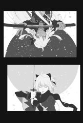 Rule 34 | 2girls, black border, border, bow, dual persona, closed eyes, facing viewer, fate/grand order, fate (series), greyscale, hair bow, highres, holding, holding sword, holding weapon, katana, long hair, looking at viewer, monochrome, multiple girls, okita souji alter (fate), okita souji (fate), okita souji (fate), okita souji (koha-ace), parted lips, sankomichi, scabbard, scarf, sheath, short hair, sword, unsheathing, upside-down, weapon