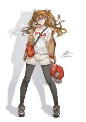 Rule 34 | 1girl, bag, brown hair, fadingz, hair ornament, handbag, highres, jacket, long hair, neon genesis evangelion, open clothes, open jacket, pants under shorts, shirt, shoes, shorts, simple background, sneakers, solo, souryuu asuka langley, white background, white shirt, white shorts