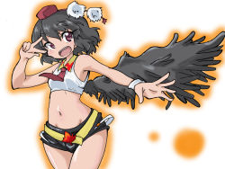 Rule 34 | 1girl, adapted costume, armpits, ascot, bad id, bad pixiv id, bare shoulders, belt, bird wings, black hair, blush, breasts, crop top, groin, hat, leaf, looking at viewer, maple leaf, midriff, navel, odochi (1or8), odochin, open mouth, pom pom (clothes), shameimaru aya, short shorts, shorts, small breasts, smile, solo, tokin hat, touhou, v, v over eye, wings, wristband
