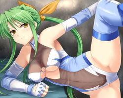 Rule 34 | 1girl, artist request, bow, cleavage cutout, clothing cutout, elbow gloves, fingerless gloves, gloves, green hair, hair ribbon, leg up, leotard, long hair, lying, on side, ponytail, ribbon, sakurai chisato, thighhighs, wrestle angels, wrestle angels survivor, wrestle angels survivor 2, wrestling outfit, yellow eyes