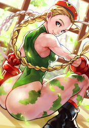 Rule 34 | 1girl, ahoge, antenna hair, ass, back, bare shoulders, beret, blonde hair, boots, braid, breasts, cammy white, camouflage, falling leaves, fingerless gloves, gloves, hat, kinoshita reiko, leaf, leotard, long hair, looking back, sideboob, sitting, smile, solo, street fighter, thighs, thong leotard, toned, twin braids
