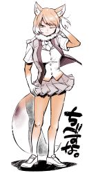 1girl, absurdres, animal ears, arm at side, bodystocking, brown hair, buttons, closed mouth, eyebrows visible through hair, floating hair, fox ears, fox girl, fox tail, full body, fur collar, half-closed eye, hand up, highres, kemono friends, long sleeves, looking at viewer, medium hair, miniskirt, multicolored hair, necktie, one eye closed, pleated skirt, shirt, shoes, short over long sleeves, short sleeves, skirt, solo, standing, tail, tibetan sand fox (kemono friends), two-tone hair, vest, white hair, wind, yellow eyes, yokuko zaza