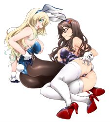 Rule 34 | 2girls, animal ears, ashigara (kancolle), ass, atago (kancolle), black pantyhose, blue leotard, bow, bowtie, breasts, detached collar, fake animal ears, fake tail, high heels, highleg, highleg leotard, kantai collection, large breasts, leotard, looking at viewer, lying, multiple girls, open mouth, pantyhose, playboy bunny, purple leotard, rabbit ears, rabbit tail, simple background, sitting, smile, strapless, strapless leotard, tail, thighhighs, traditional bowtie, udukikosuke, white background, white thighhighs, wrist cuffs