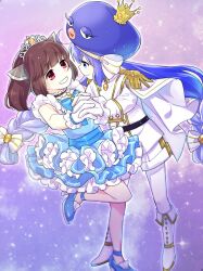 Rule 34 | 2girls, ahoge, alternate costume, blue bow, blue bowtie, blue dress, blue eyes, blue footwear, blue hair, blue hat, boots, bow, bowtie, brooch, brown hair, cape, choker, closed mouth, commentary request, crossdressing, dancing, dress, eel hat, epaulettes, eye contact, floating hair, frilled choker, frilled dress, frills, fringe trim, gloves, gradient background, grin, hat, headgear, high heels, highres, holding hands, interlocked fingers, jacket, jewelry, kawasaki (5s5 g), knee boots, long hair, long sleeves, looking at another, low twintails, medium hair, multiple girls, otomachi una, pantyhose, pantyhose under shorts, pleated skirt, prince, princess, purple background, red eyes, short dress, shorts, skirt, sleeveless, sleeveless dress, smile, sparkle background, standing, standing on one leg, tiara, touhoku kiritan, twintails, very long hair, vocaloid, voiceroid, white cape, white footwear, white gloves, white jacket, white pantyhose, white shorts, yuri