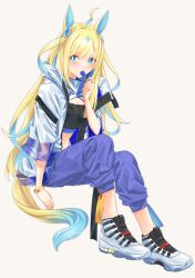 Rule 34 | 1girl, absurdres, air jordan, air jordan 11 adapt, animal ears, black tube top, blonde hair, blue eyes, blue footwear, blue hair, blue pants, blush, breasts, bright pupils, candy, cleavage, colored inner hair, cowlick, food, grey background, highres, holding, holding candy, holding food, holding lollipop, horse ears, horse girl, horse tail, jacket, lollipop, long hair, looking to the side, medium breasts, midriff, multicolored hair, neo universe (umamusume), pants, shoes, silenxe, sitting, sneakers, solo, strapless, streetwear, tail, tube top, umamusume, very long hair, white jacket, white pupils