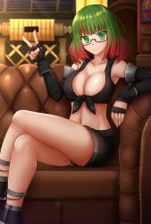 1girl, bare shoulders, black gloves, black shirt, black shorts, black sleeves, blurry, blurry background, blush, breasts, cleavage, closed mouth, collarbone, commentary, commission, couch, crop top, depth of field, detached sleeves, english commentary, fingerless gloves, glasses, gloves, gradient hair, green-framed eyewear, green eyes, green hair, highres, kazenokaze, legs crossed, long sleeves, medium breasts, multicolored hair, navel, on couch, original, red-framed eyewear, red hair, semi-rimless eyewear, shirt, short shorts, shorts, sitting, sleeveless, sleeveless shirt, smile, solo, under-rim eyewear