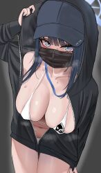 Rule 34 | 1girl, absurdres, baseball cap, bikini, black jacket, blue archive, blue eyes, blue hair, blue hat, breasts, commentary request, cowboy shot, grey background, hat, highres, hood, hooded jacket, hum455, jacket, large breasts, long hair, looking at viewer, mask, mouth mask, navel, saori (blue archive), solo, standing, swimsuit, thighs, white bikini