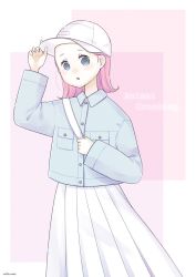 Rule 34 | 1girl, :o, animal crossing, baseball cap, blue eyes, blush, collared shirt, copyright name, go-on, hand on headwear, hand up, hat, highres, holding strap, long sleeves, looking at viewer, medium hair, nintendo, open mouth, original, pink hair, pleated skirt, shirt, skirt, solo