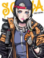 Rule 34 | artist name, backwards hat, barcode, barcode tattoo, blonde hair, blue eyes, call of duty, call of duty: mobile, character name, dog tags, facial mark, gloves, hat, headphones, highres, jacket, oyenpaws, scylla (call of duty: mobile), tagme, tattoo, undershirt, watch, wristwatch