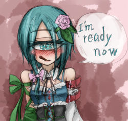 Rule 34 | 1girl, asymmetrical hair, bad id, bad pixiv id, blush, corset, cyclops, detached sleeves, elbow gloves, english text, extra pupils, flower, food, gloves, green eyes, green hair, hair flower, hair ornament, lotus (ray-k), matching hair/eyes, monster girl, mouth hold, one-eyed, original, parted bangs, pocky, ray-k, single elbow glove, single glove, single sleeve, solo