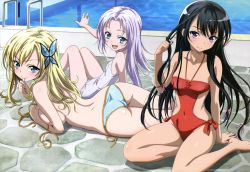Rule 34 | 10s, 3girls, :d, absurdres, arched back, ass, barefoot, bikini, black hair, blonde hair, blue bikini, blue eyes, boku wa tomodachi ga sukunai, breasts, butterfly hair ornament, casual one-piece swimsuit, day, fang, finger in own mouth, hair ornament, hair ribbon, twirling hair, highres, ishikawa tomomi, kashiwazaki sena, large breasts, leaning back, long hair, lying, mikazuki yozora, multiple girls, non-web source, nyantype, official art, on stomach, one-piece swimsuit, open mouth, outdoors, outstretched arm, pool, pool ladder, poolside, red one-piece swimsuit, ribbon, scan, school swimsuit, side-tie bikini bottom, sideboob, silver hair, sitting, smile, swimsuit, takayama maria, topfreedom, topless, very long hair, water, white one-piece swimsuit, white school swimsuit, yokozuwari