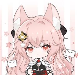 Rule 34 | 1girl, animal ear fluff, animal ears, arknights, ascot, black bra, black ribbon, bra, braid, breasts, chibi, cleavage, clothing cutout, crossed bangs, dated, envelope, floral background, hair between eyes, hair ornament, hair ribbon, hand up, highres, liriko, long hair, looking at viewer, pink background, pink eyes, pink hair, pozyomka (arknights), red skirt, ribbon, shoulder cutout, simple background, skirt, small breasts, solo, two-tone background, underwear, upper body, white ascot, white background, wolf ears, wolf girl