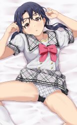 Rule 34 | 1girl, absurdres, bed sheet, black-framed eyewear, black hair, bow, bowtie, breasts, brown eyes, buttons, checkered clothes, checkered panties, checkered skirt, clothes lift, commentary, from above, glasses, grey panties, grey sailor collar, grey skirt, hands up, highres, honokakao, idolmaster, idolmaster million live!, legs, looking at viewer, lying, medium breasts, medium hair, on bed, panties, parted lips, pink bow, pink bowtie, sailor collar, shirt, short sleeves, skirt, skirt lift, socks, solo, spread legs, takayama sayoko, thighs, twintails, underwear, white shirt, white socks