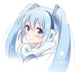 Rule 34 | 1girl, blue eyes, blue hair, earmuffs, hair between eyes, hatsune miku, long hair, looking at viewer, mittens, own hands together, snowflake print, snowmi, solo, twintails, twitter username, upper body, vocaloid, white background, yuki miku