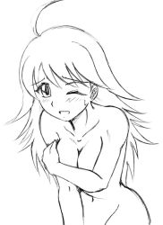 Rule 34 | 00s, 1girl, ahoge, blush, breasts, breasts squeezed together, greyscale, hoshii miki, idolmaster, idolmaster (classic), idolmaster 1, monochrome, simple background, sketch, solo