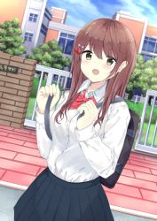 Rule 34 | 1girl, 7 calpis 7, bag, blue skirt, blue sky, blurry, blurry background, blush, bow, breasts, brick wall, brown eyes, brown hair, building, cherry hair ornament, cloud, cloudy sky, collared shirt, commentary request, day, depth of field, dress shirt, food-themed hair ornament, gate, hair between eyes, hair bow, hair ornament, highres, long hair, md5 mismatch, moe2019, original, outdoors, pink bow, pleated skirt, red bow, resolution mismatch, school bag, school uniform, shirt, skirt, sky, small breasts, solo, source larger, striped, striped bow, translation request, white shirt