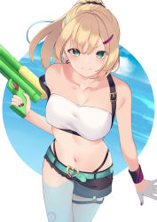 Rule 34 | &gt;:), 1girl, absurdres, bad id, bad pixiv id, bare arms, bare shoulders, bikini, black nails, black shorts, blonde hair, blush, breasts, buckle, cleavage, closed mouth, collarbone, commentary request, cowboy shot, earrings, fang, green eyes, hair ornament, hair scrunchie, hairclip, heart, heart-shaped buckle, highres, holding, iris black games, jewelry, kurumi noah, large breasts, long hair, looking at viewer, medium breasts, nail polish, navel, ocean, outside border, ponytail, scrunchie, shirafuji ene, short shorts, shorts, smile, solo, stomach, sweatband, swimsuit, trigger discipline, v-shaped eyebrows, virtual youtuber, vspo!, wading, water, water gun, white bikini