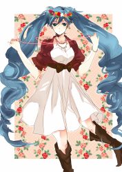Rule 34 | 1girl, bad id, bad pixiv id, blue eyes, blue hair, boots, bow, bracelet, crown, curly hair, dress, earrings, fashion, female focus, flower, hatsuko, hatsune miku, head wreath, heart, highres, jacket, jewelry, long hair, matching hair/eyes, necklace, sleeves pushed up, solo, string, string of fate, twintails, vocaloid