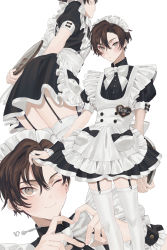 Rule 34 | 1boy, apron, black dress, bow, bowtie, brown hair, closed mouth, commentary request, crossdressing, dress, frilled apron, frills, garter straps, grey eyes, heart, heart hands, highres, holding, holding tray, looking at viewer, maid, maid apron, maid headdress, male focus, mege (megechan), mole, mole under eye, multiple views, one eye closed, original, puffy short sleeves, puffy sleeves, short hair, short sleeves, simple background, smile, thighhighs, tray, twitter username, white apron, white background, white bow, white bowtie, white legwear