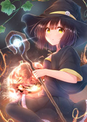Rule 34 | 1girl, absurdres, black hat, black jacket, black skirt, black thighhighs, blush, brown hair, commentary request, frilled skirt, frills, hat, highres, holding, holding staff, jack-o&#039;-lantern, jacket, looking at viewer, looking to the side, magic, minarai shachou, open clothes, open jacket, original, parted lips, pleated skirt, short sleeves, skirt, solo, staff, standing, standing on one leg, thighhighs, wide sleeves, witch hat, yellow eyes