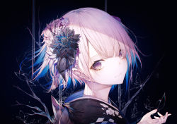 Rule 34 | 1girl, absurdres, black background, black flower, black kimono, black ribbon, blunt bangs, branch, bug, butterfly, closed mouth, commentary, dark background, english commentary, floral print, flower, from side, hair between eyes, hair flower, hair ornament, head tilt, highres, hito komoru, insect, japanese clothes, kimono, looking at viewer, original, portrait, purple eyes, ribbon, short hair, solo, white flower