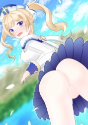 Rule 34 | 1girl, absurdres, artist request, ass, barbara (genshin impact), blonde hair, blue eyes, blush, breasts, cameltoe, dress, drill hair, embarrassed, from behind, from below, genshin impact, hair ornament, hat, highres, huge ass, large breasts, long hair, looking at viewer, looking back, open mouth, pantyhose, sideboob, skirt, solo, twin drills, twintails, white pantyhose