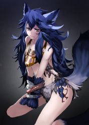 Rule 34 | &gt;:(, 10s, 1girl, animal ears, animal hands, bare arms, bare legs, bare shoulders, bdsm, blue hair, bondage, bound, bound wrists, bright pupils, closed mouth, collarbone, fangs, fenrir (shingeki no bahamut), flat chest, frown, granblue fantasy, grey background, grey skirt, groin, hair between eyes, highres, jewelry, long hair, looking away, looking to the side, messy hair, miniskirt, necklace, pink eyes, shingeki no bahamut, sitting, skirt, solo, tail, tattoo, utsubokuzu, v-shaped eyebrows, v arms, very long hair, wariza, wolf ears, wolf paws, wolf tail
